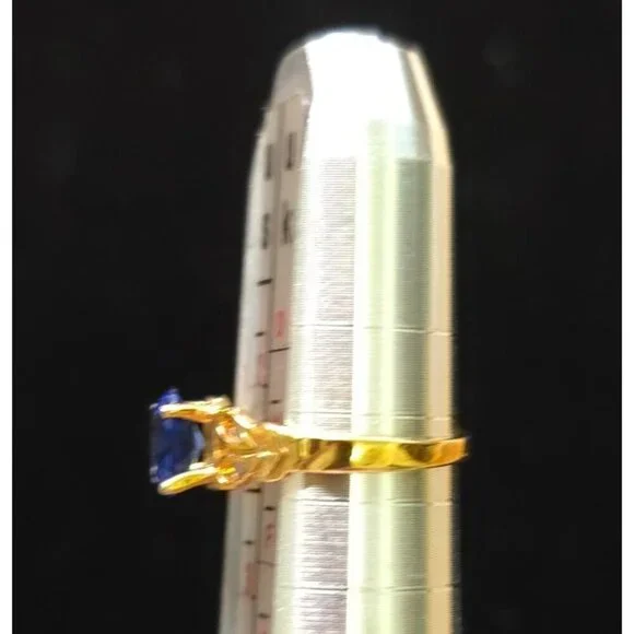 18K GFP Oval Blue Gemstone Ring With Intricate Band Size 2 - Dainty, Small - Picture 4 of 7